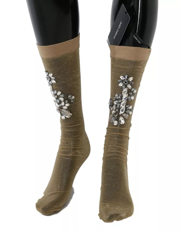 Gold Stretch Floral Clear Crystal Stocking Socks Dolce & Gabbana