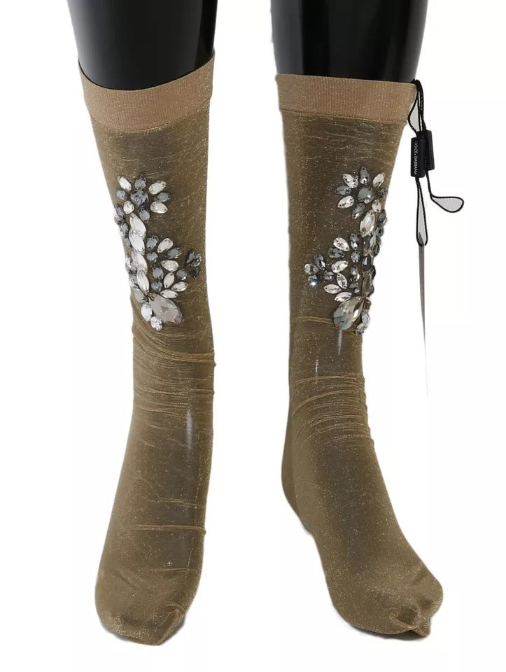 Gold Stretch Floral Clear Crystal Stocking Socks Dolce & Gabbana