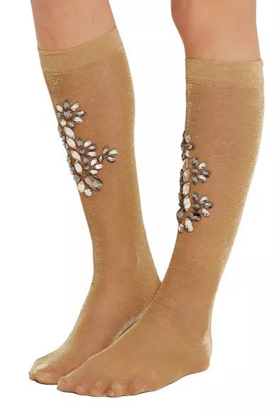 Gold Stretch Floral Clear Crystal Stocking Socks Dolce & Gabbana