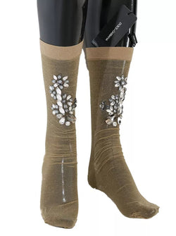 Gold Stretch Floral Clear Crystal Stocking Socks Dolce & Gabbana
