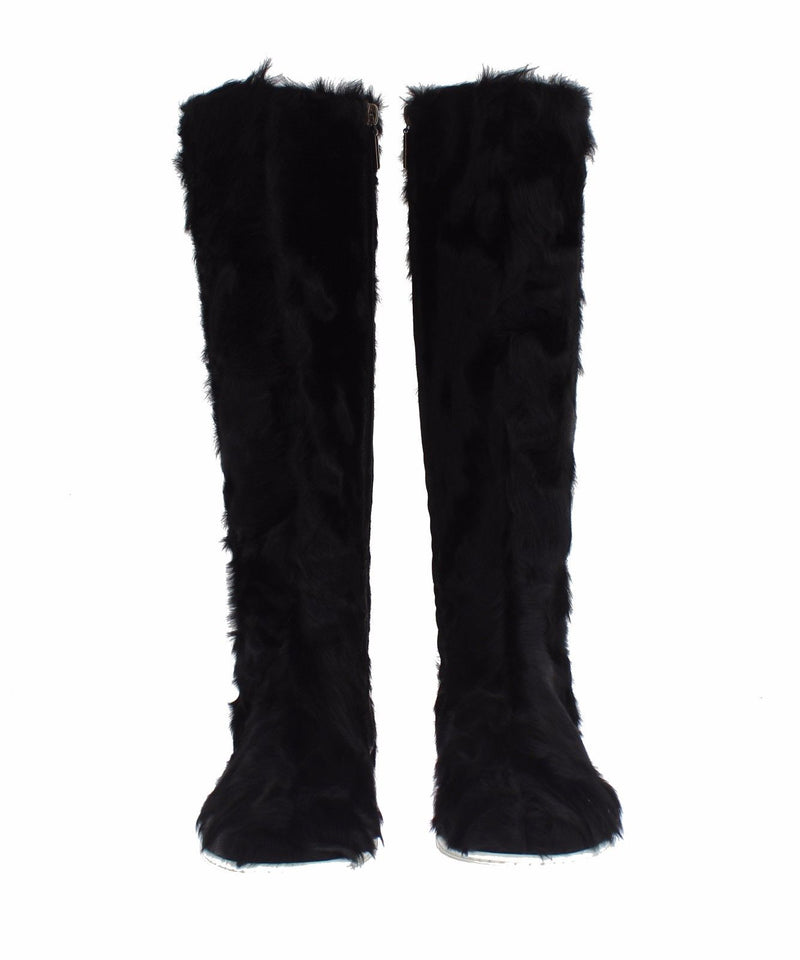 Elegant Black Fur Leather Flat Sneaker Boots Dolce & Gabbana