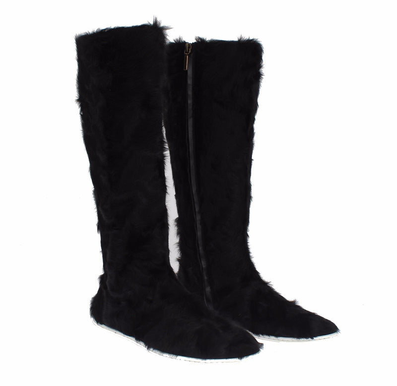 Elegant Black Fur Leather Flat Sneaker Boots Dolce & Gabbana