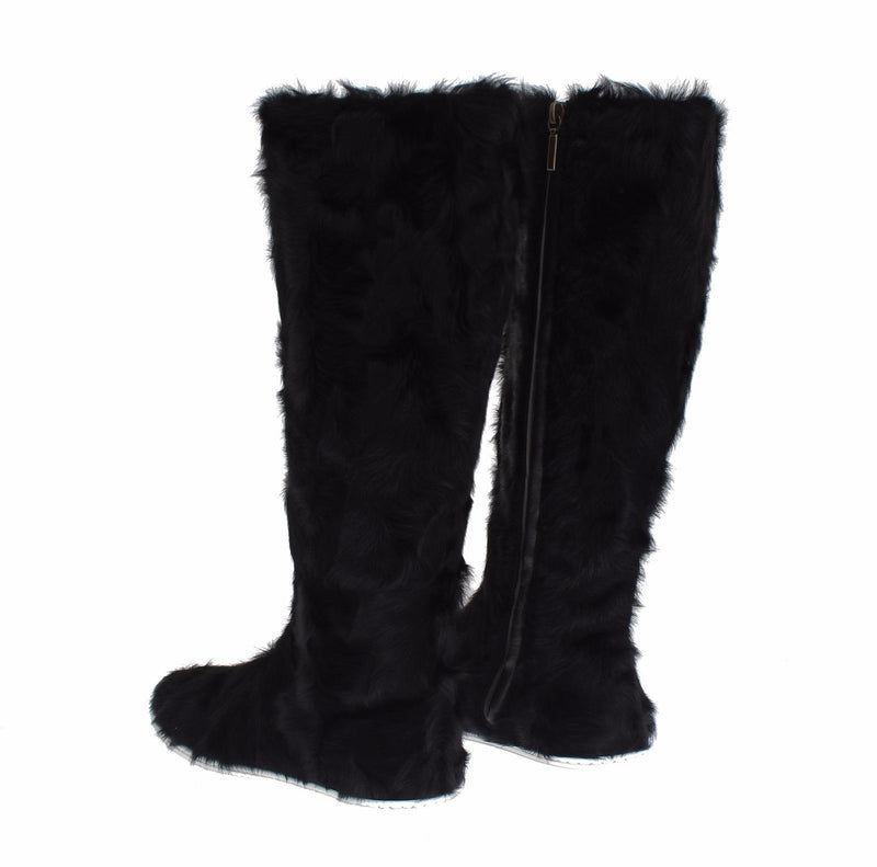 Elegant Black Fur Leather Flat Sneaker Boots Dolce & Gabbana