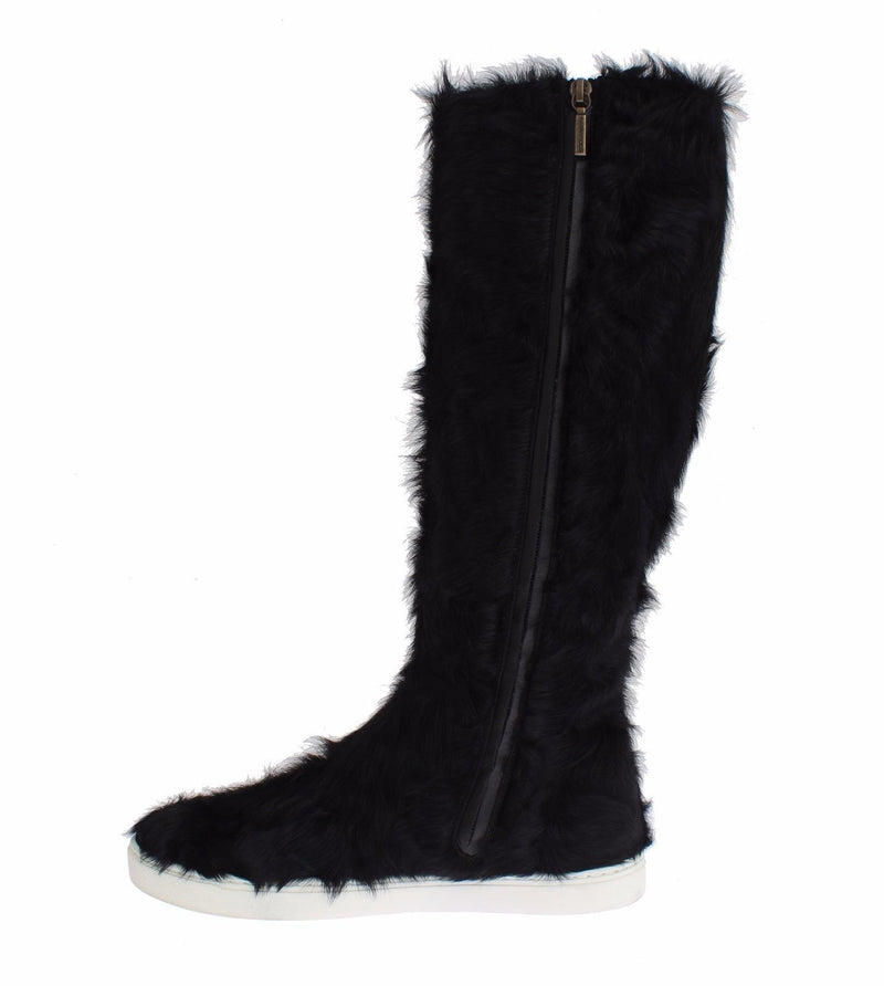 Elegant Black Fur Leather Flat Sneaker Boots Dolce & Gabbana