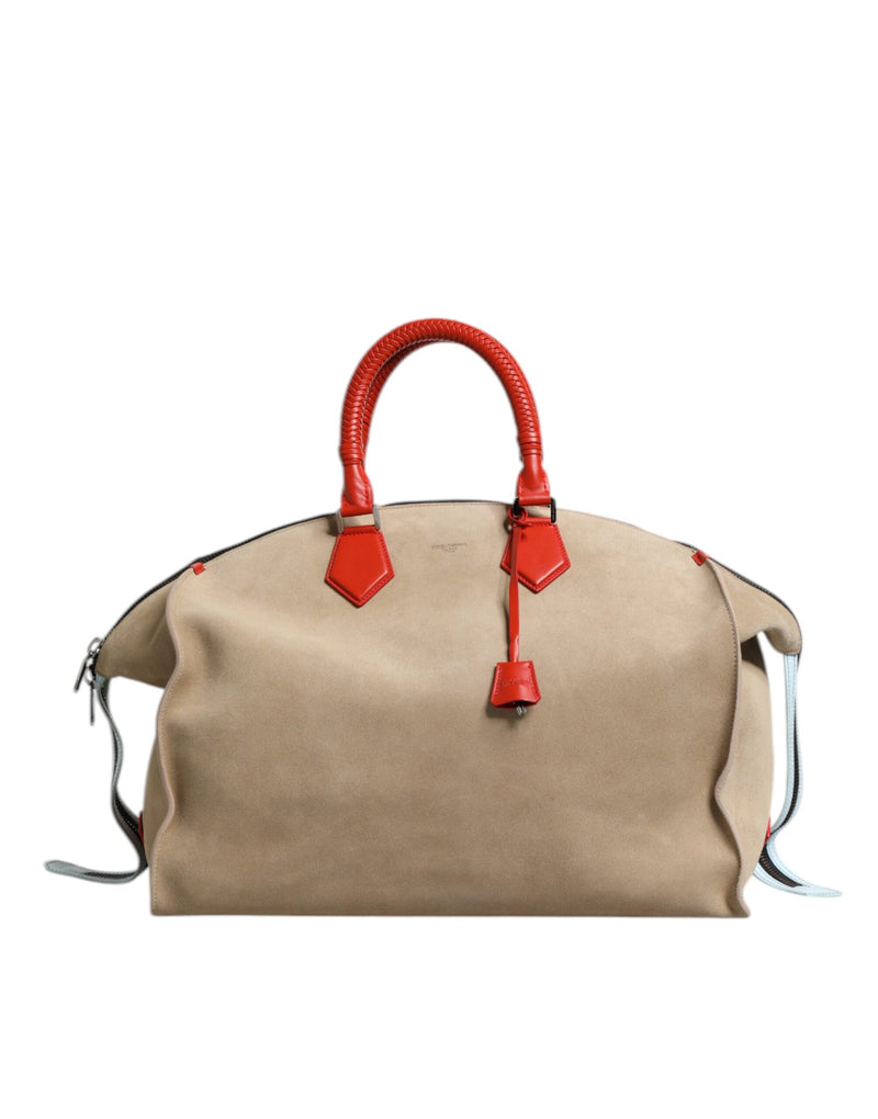 Beige Suede Leather Top Handle Duffle Bag