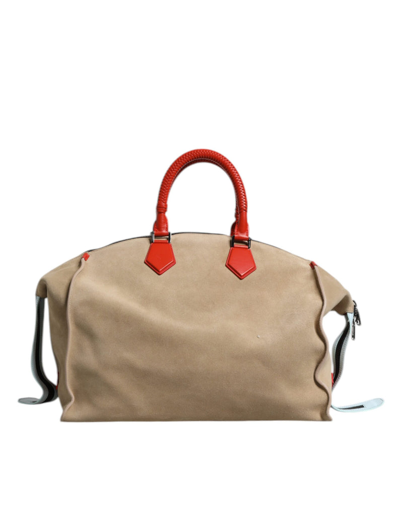 Beige Suede Leather Top Handle Duffle Bag