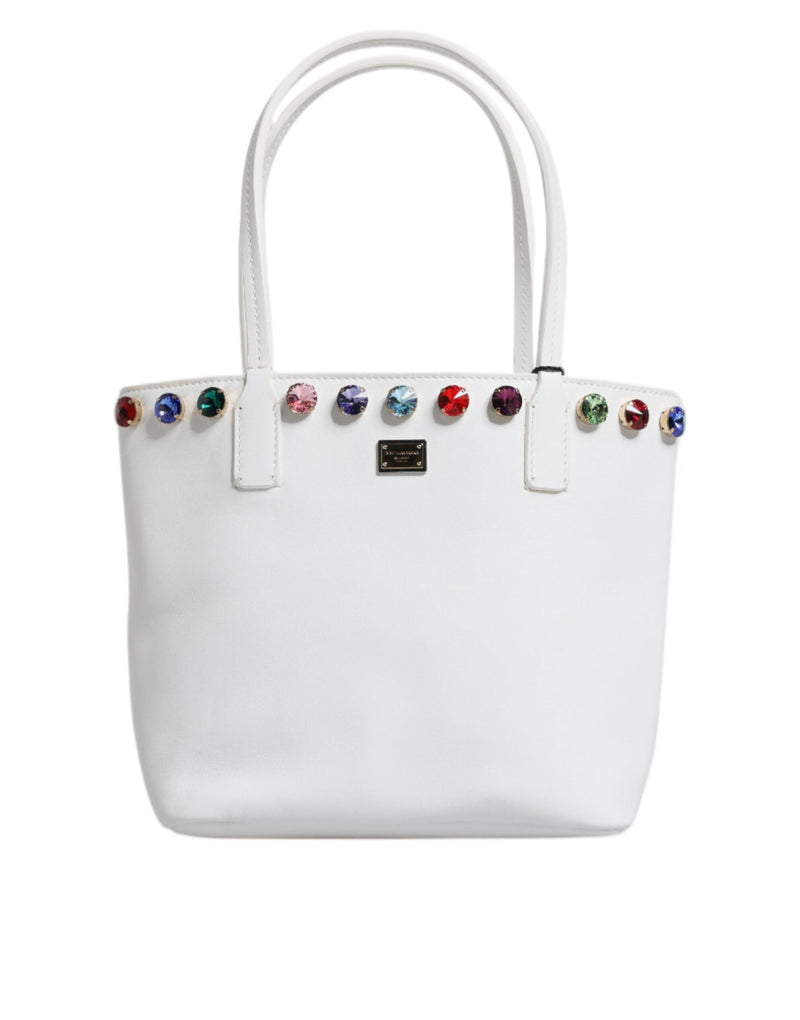 White Leather Crystal DG Logo Shoulder Tote Bag Dolce & Gabbana