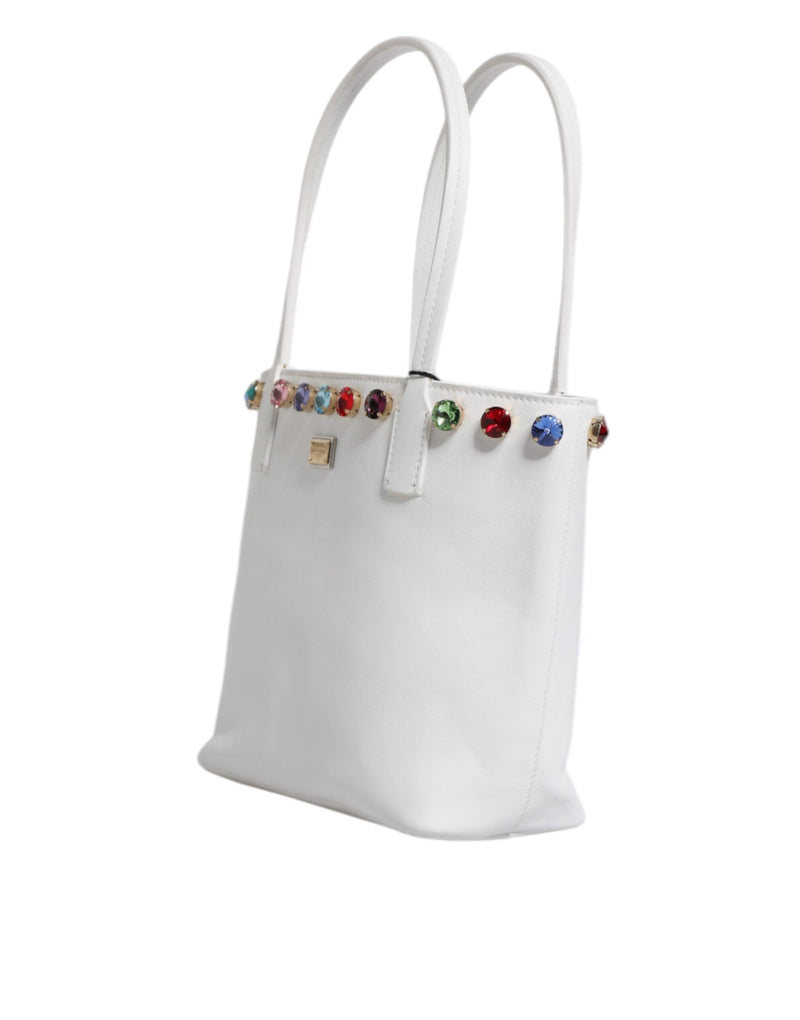 White Leather Crystal DG Logo Shoulder Tote Bag Dolce & Gabbana