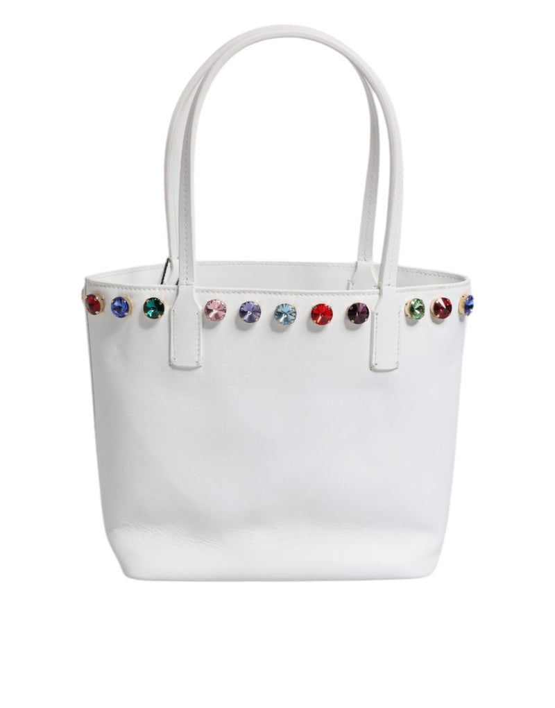 White Leather Crystal DG Logo Shoulder Tote Bag Dolce & Gabbana