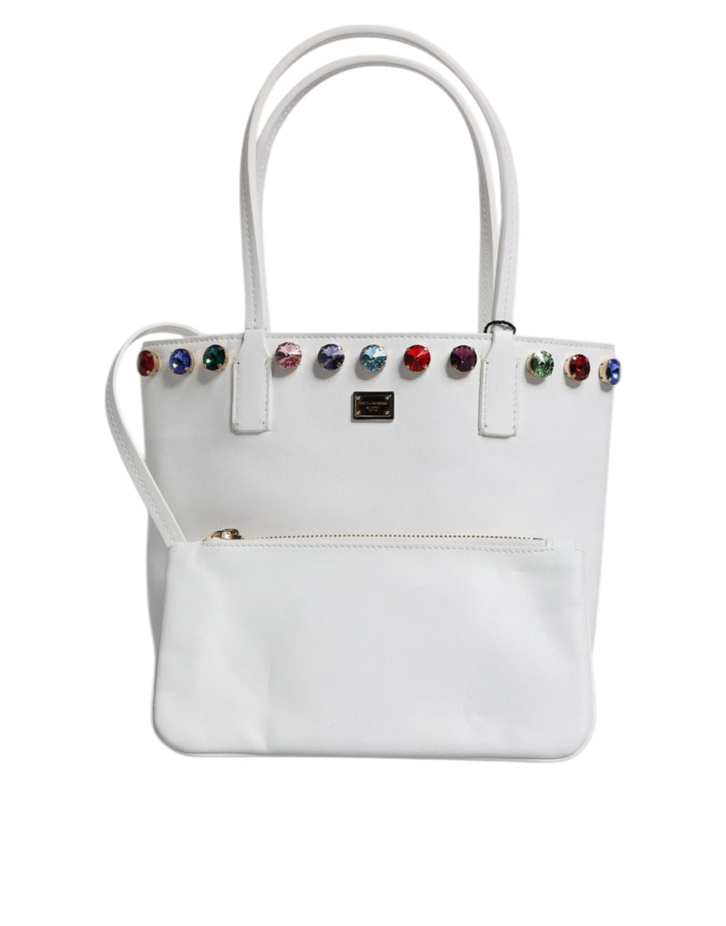 White Leather Crystal DG Logo Shoulder Tote Bag Dolce & Gabbana