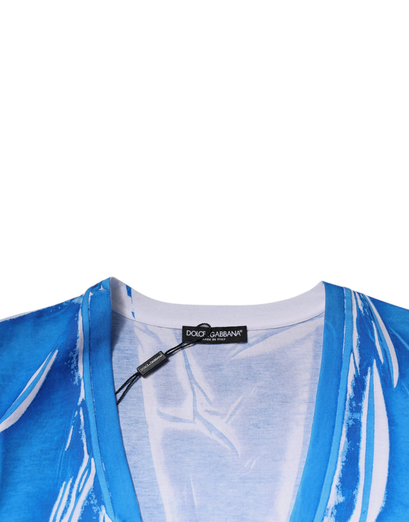 Blue Cotton V-neck Short Sleeves T-shirt