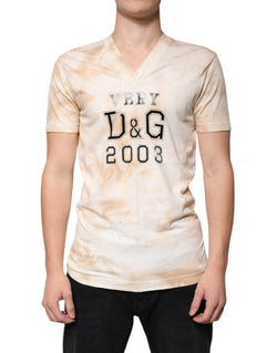 Beige Graphic Print Cotton V-neck T-shirt