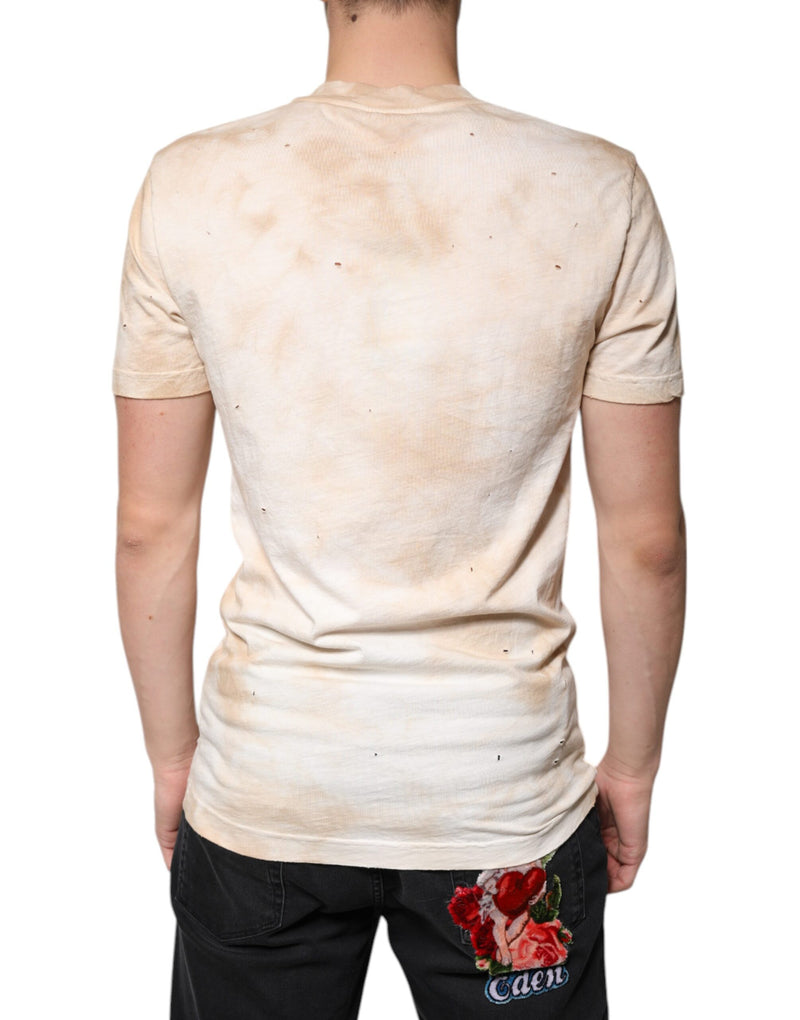 Beige Graphic Print Cotton V-neck T-shirt