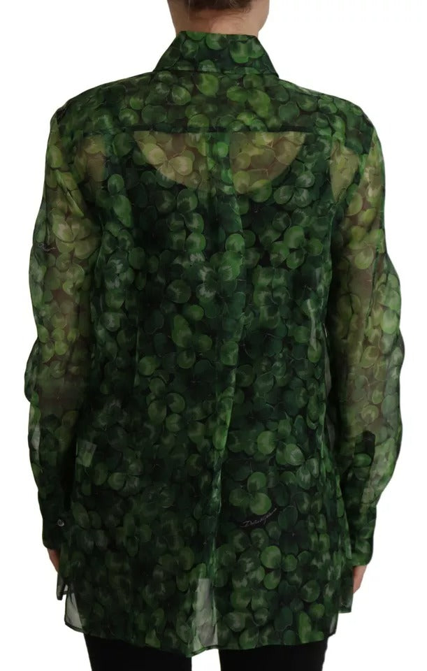 Green Clover Print Long Sleeves Collared Top Blouse