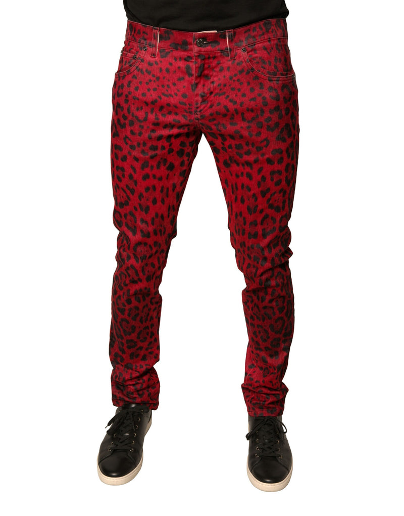 Red Leopard Cotton Stretch Skinny Denim Jeans