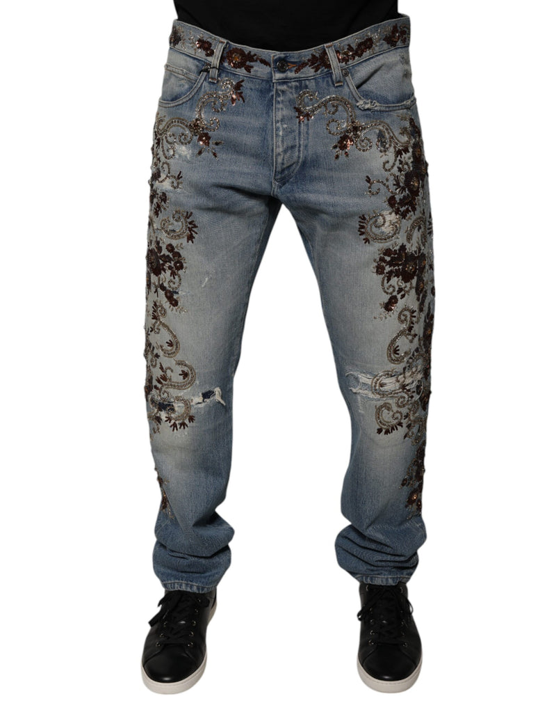 Light Blue Embroidered Skinny Denim Jeans