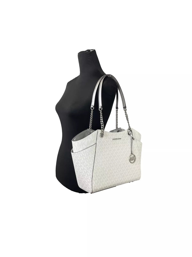 Jet Set Large Chain Shoulder Tote Bag White Silver Michael Kors