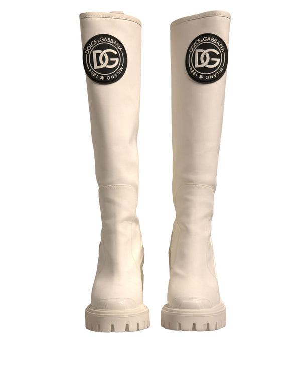White DG Logo Hi Trekking Plateau Biker Boots Shoes Dolce & Gabbana