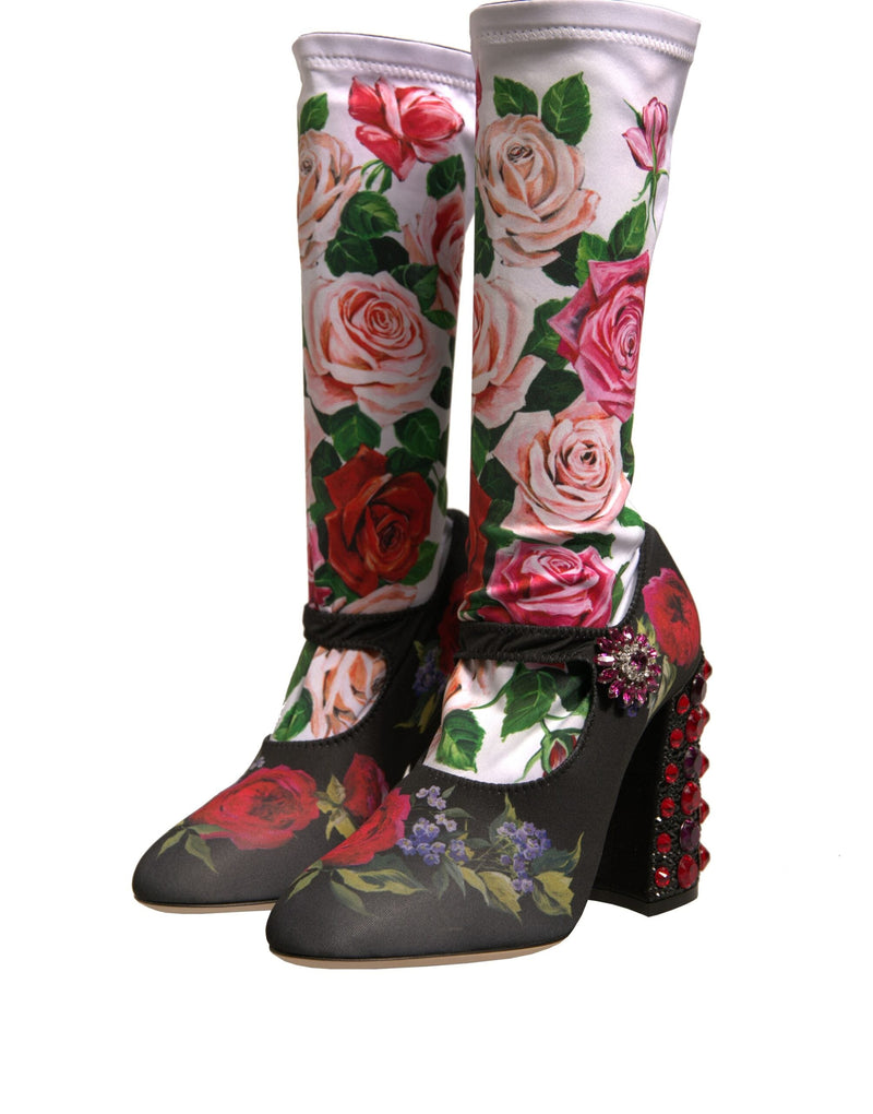 Black Floral Socks Crystal Boots Jersey Shoes Dolce & Gabbana