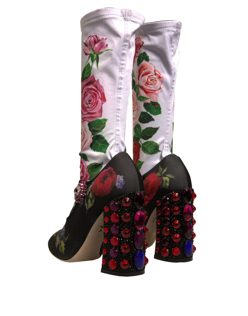 Black Floral Socks Crystal Boots Jersey Shoes Dolce & Gabbana