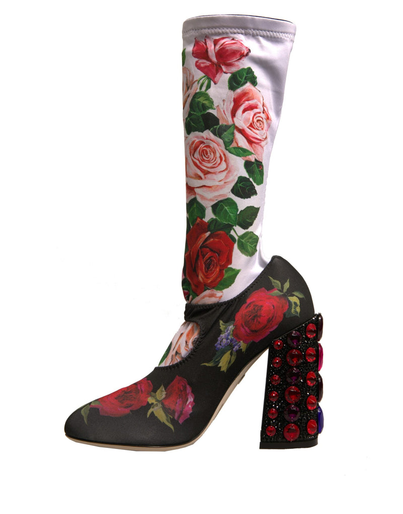 Black Floral Socks Crystal Boots Jersey Shoes Dolce & Gabbana