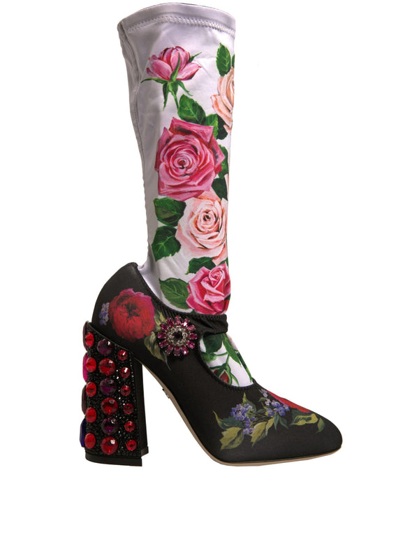 Black Floral Socks Crystal Boots Jersey Shoes Dolce & Gabbana