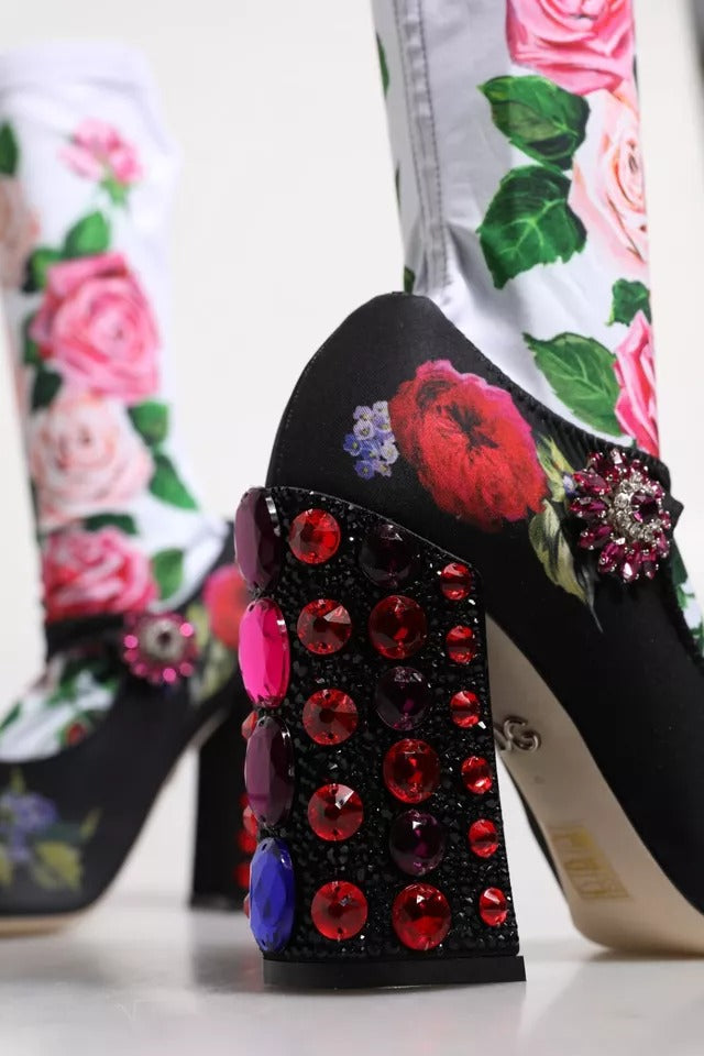 Black Floral Socks Crystal Boots Jersey Shoes Dolce & Gabbana