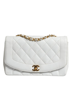 White Medium Classic DIANA Shoulder Bag Gold Plated Purse