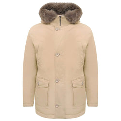 Beige Nylon Men Jacket with Fur-Trimmed Hood