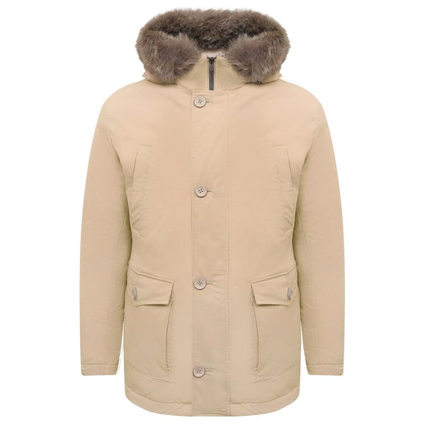 Beige Nylon Men Jacket with Fur-Trimmed Hood