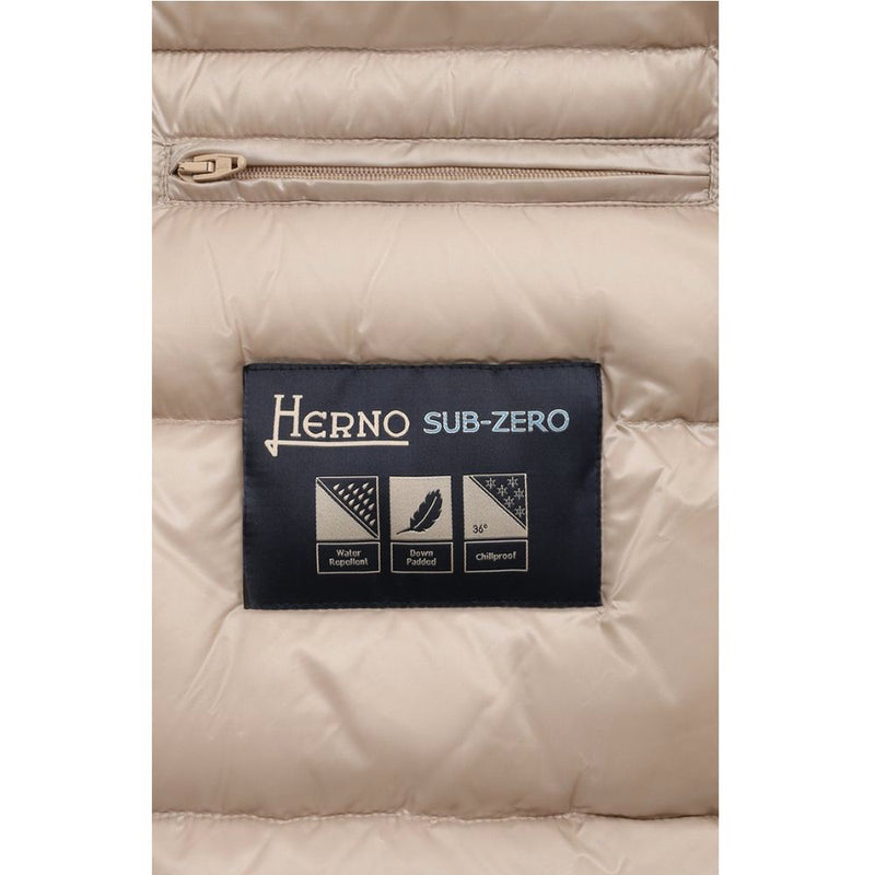 Beige Nylon Men Jacket with Fur-Trimmed Hood