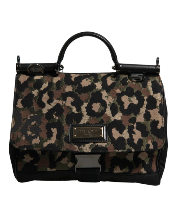 Brown Leopard Print Lacquard Nylon Sicily Tote Bag Dolce & Gabbana