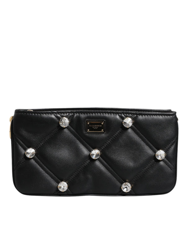 Black Leather Crystal Embellished Logo Shoulder Bag Dolce & Gabbana