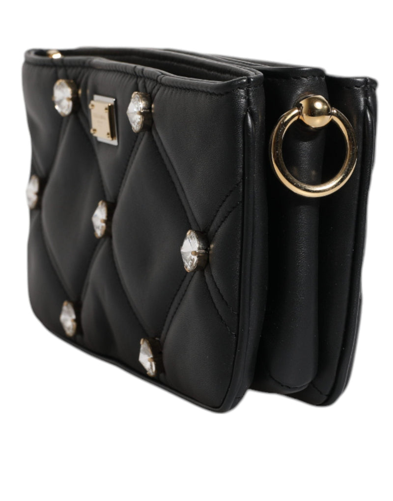 Black Leather Crystal Embellished Logo Shoulder Bag Dolce & Gabbana