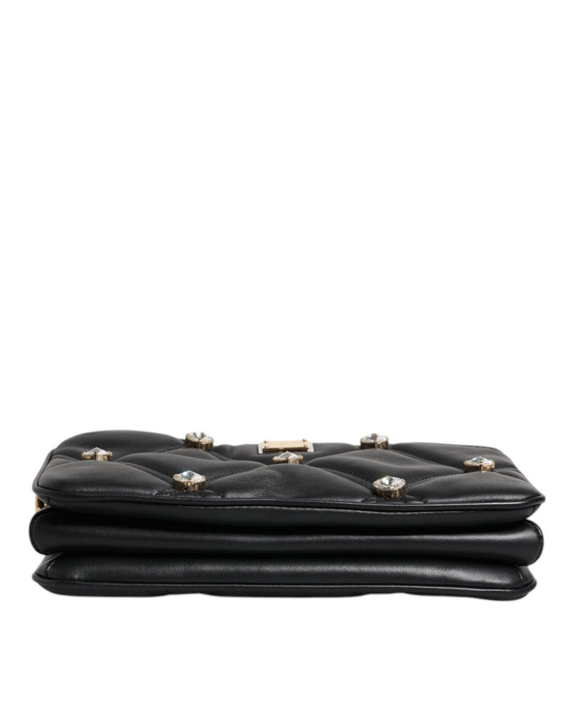Black Leather Crystal Embellished Logo Shoulder Bag Dolce & Gabbana