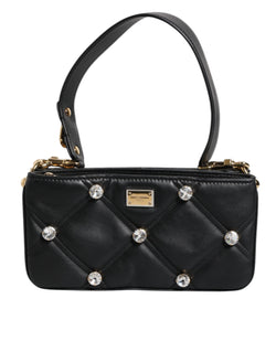 Black Leather Crystal Embellished Logo Shoulder Bag Dolce & Gabbana
