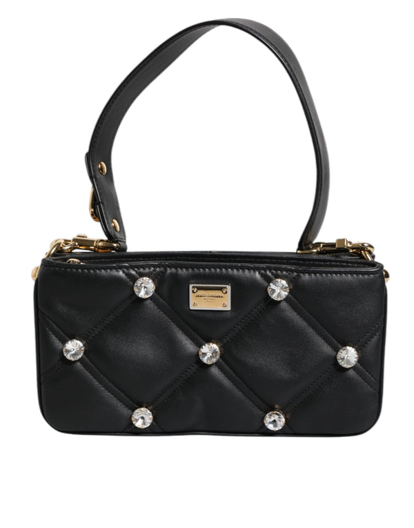 Black Leather Crystal Embellished Logo Shoulder Bag Dolce & Gabbana