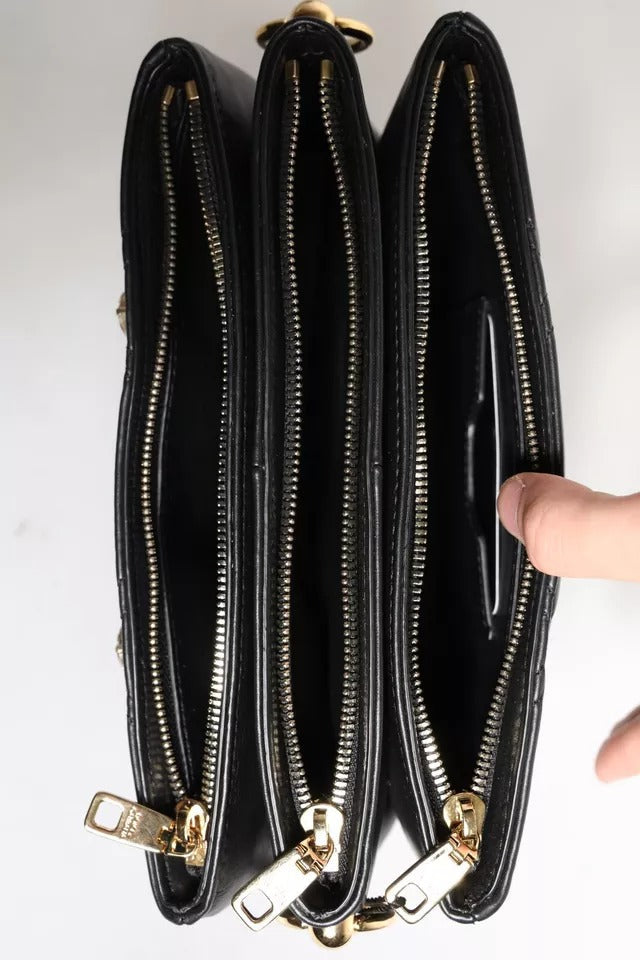Black Leather Crystal Embellished Logo Shoulder Bag Dolce & Gabbana