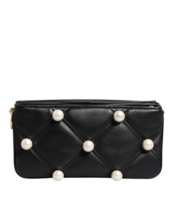 Black Leather Pearl Embellished Logo Shoulder Bag Dolce & Gabbana