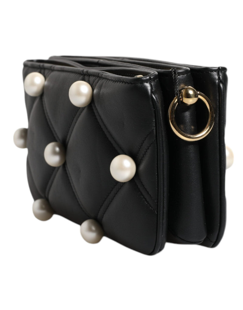 Black Leather Pearl Embellished Logo Shoulder Bag Dolce & Gabbana