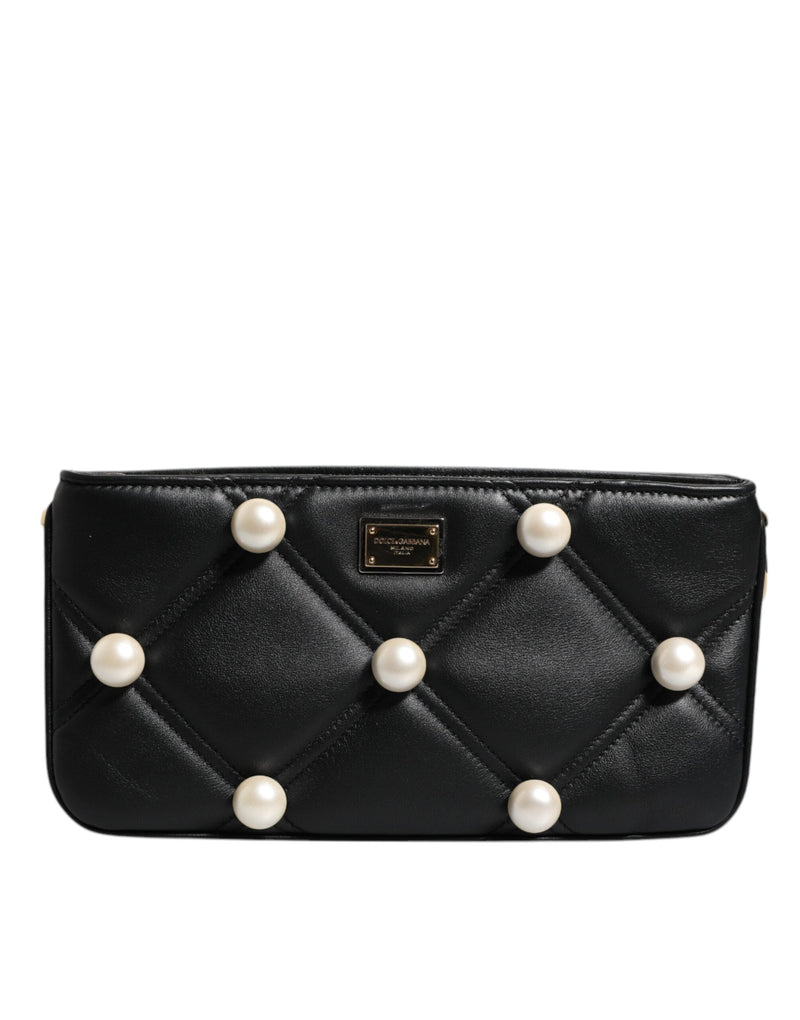 Black Leather Pearl Embellished Logo Shoulder Bag Dolce & Gabbana