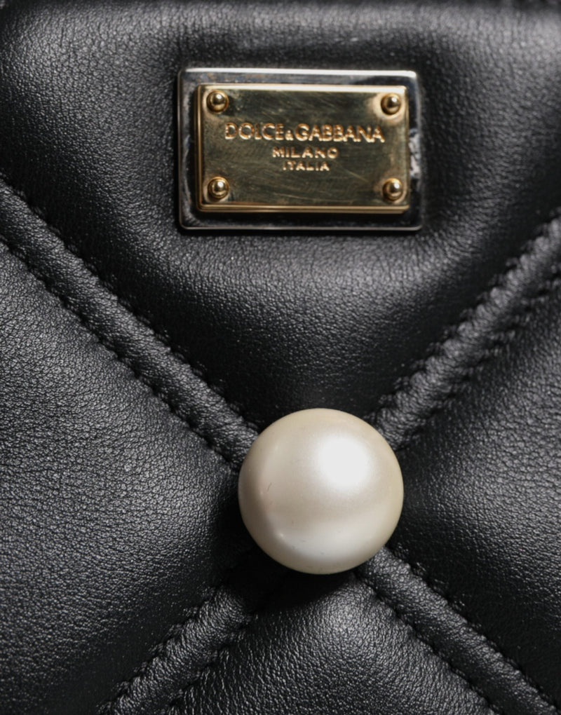 Black Leather Pearl Embellished Logo Shoulder Bag Dolce & Gabbana
