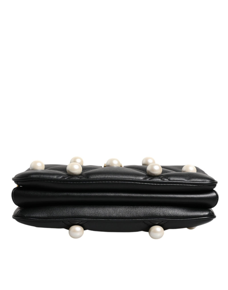 Black Leather Pearl Embellished Logo Shoulder Bag Dolce & Gabbana