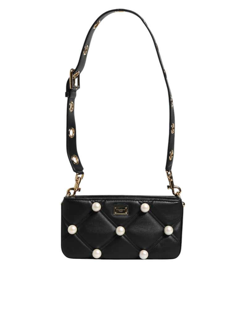 Black Leather Pearl Embellished Logo Shoulder Bag Dolce & Gabbana