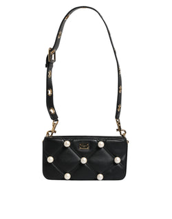 Black Leather Pearl Embellished Logo Shoulder Bag Dolce & Gabbana