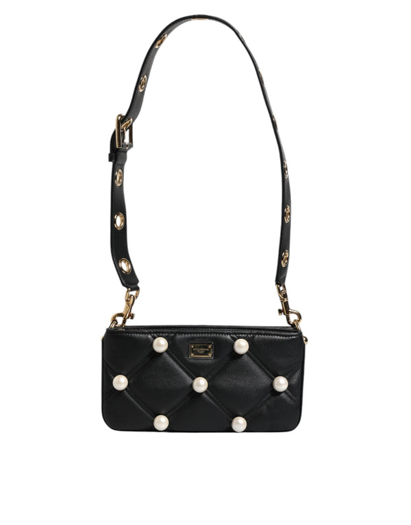 Black Leather Pearl Embellished Logo Shoulder Bag Dolce & Gabbana