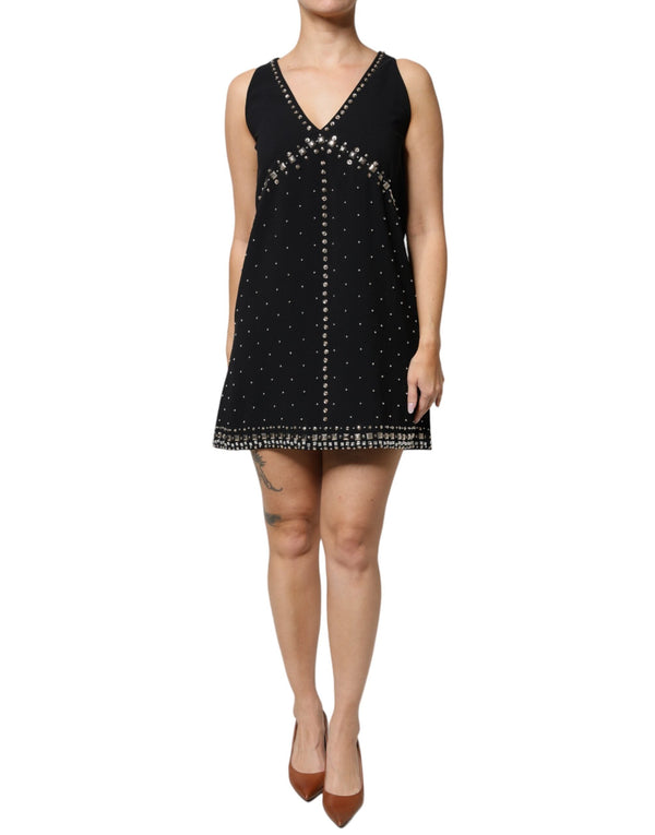 Black Embellished Polyester Sleeveless Shift A-line Mini Dress PINKO