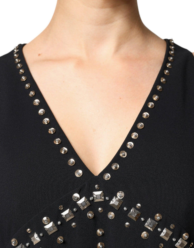 Black Embellished Polyester Sleeveless Shift A-line Mini Dress PINKO