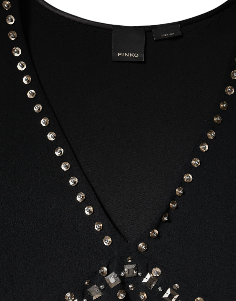 Black Embellished Polyester Sleeveless Shift A-line Mini Dress PINKO