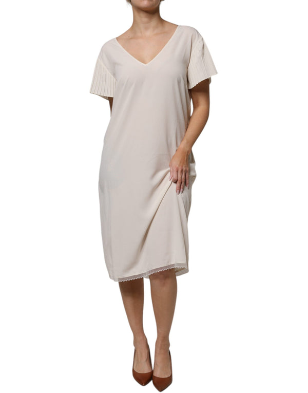 Off White Short Sleeves V-neck Shift Midi Dress Peserico